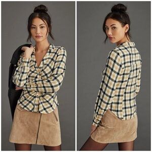 Pilcro & The Letterpress Ruched Plaid Button-Up Shirt - Cream and Black